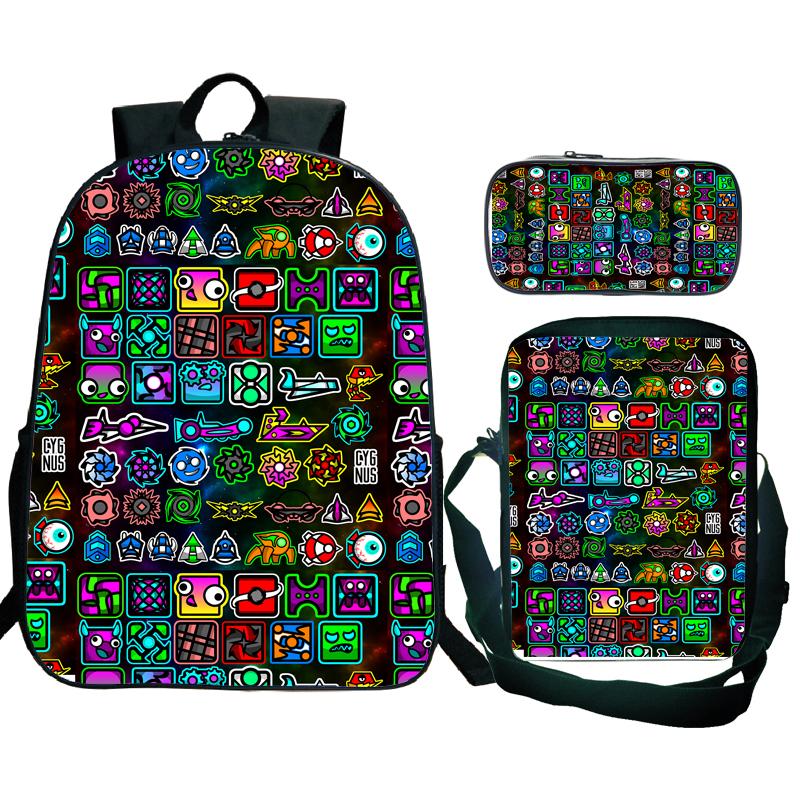 Angry Geometry Dash Backpack 3pcs School Bag Waterproof Student Girls Boys Children Mochila with Pen Bag