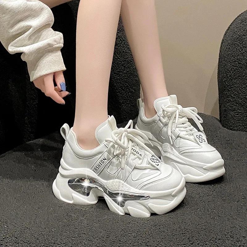 Fashion Top Quality Women Genuine Leather Sneakers Autumn Lace Up 6CM Platform Shoes Thick Sole Sport Walking Chunky Shoes Woman Spring