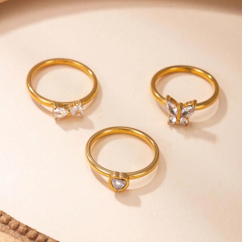 European Golden Ring Set: Shiny Rhinestone Butterfly, Heart & Bow Design in Stainless Steel