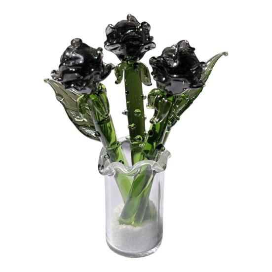 1Pc/1 Set Mini Glass Rose Flower Decoration with Stem Handmade Glass Floral Figurine Home Living Room Hand-Blown Flower Bouquet Ornament