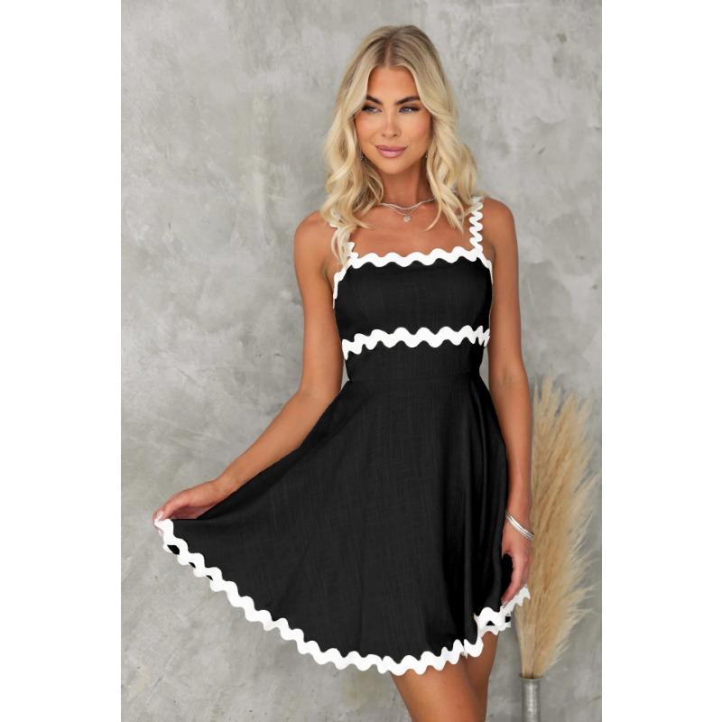 VEZFAA Women's Fashion Summer Spring Lace Print Sleeveless Suspenders High Waist Casual Dresses