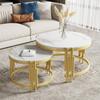 Modular Coffee Table Set, Marble Look, Golden Metal Frame, Round Tables In 2 Sizes, Nestable Design, Space-saving, Artistic Table Legs