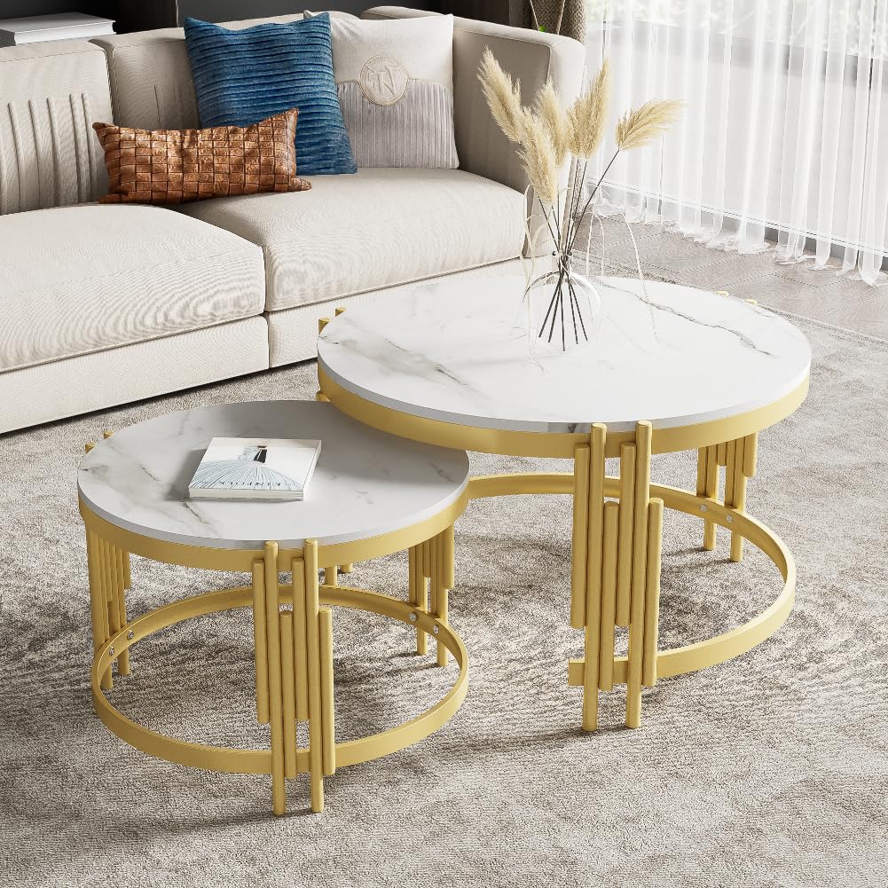 Modular Coffee Table Set, Marble Look, Golden Metal Frame, Round Tables In 2 Sizes, Nestable Design, Space-saving, Artistic Table Legs