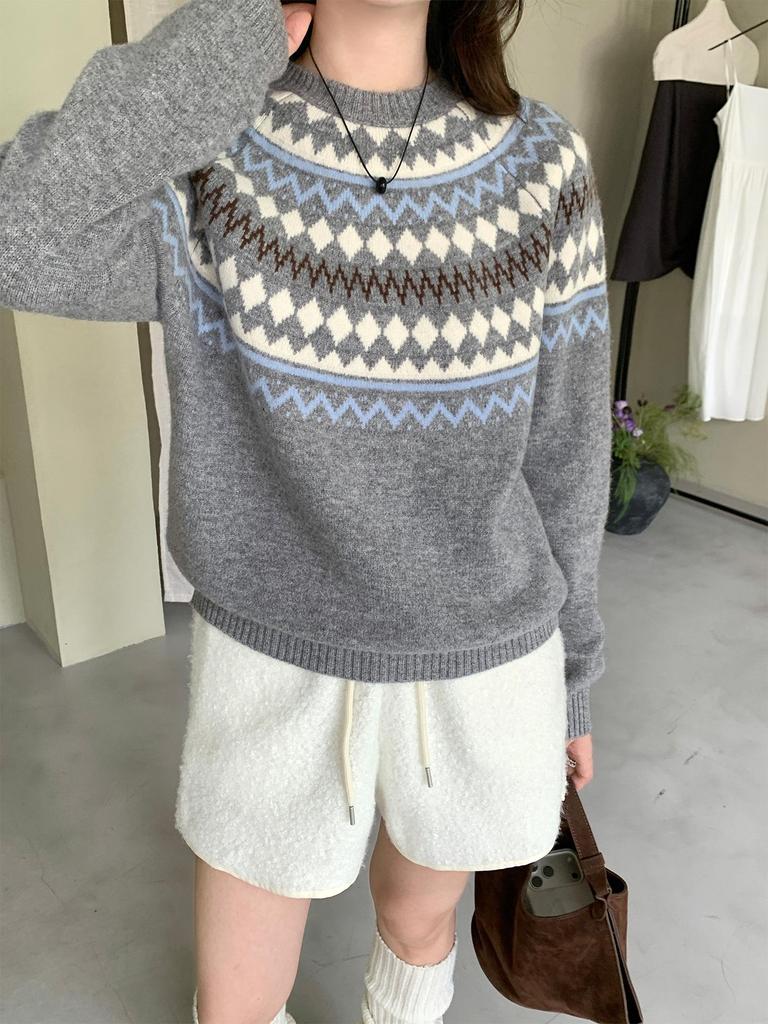Women's 100% Wool Fair Isle Round Neck Sweater - Retro Jacquard Knitwear for Autumn/Winter