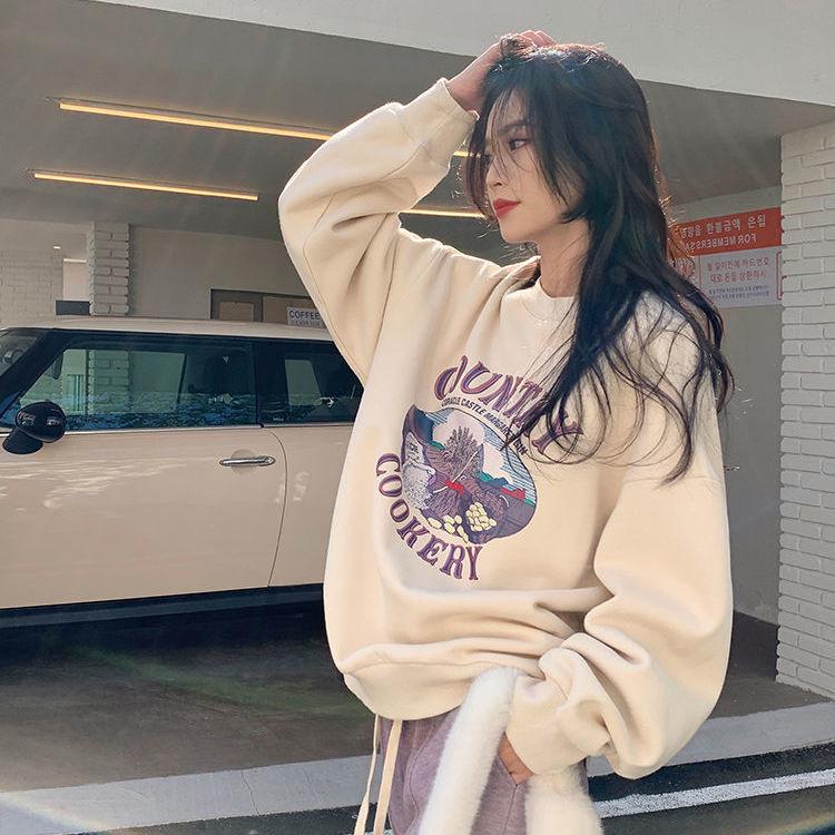 

Женский свободный свитшот в корейском стиле 2024: Универсальный модный топ с принтом на осень/зиму Large серый