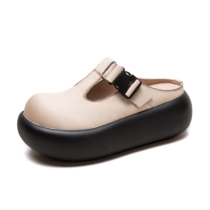 

Ретро шкіряні мюлі на платформі з ремінцем на пряжці, масивні клопи для жінок 40 бежевий