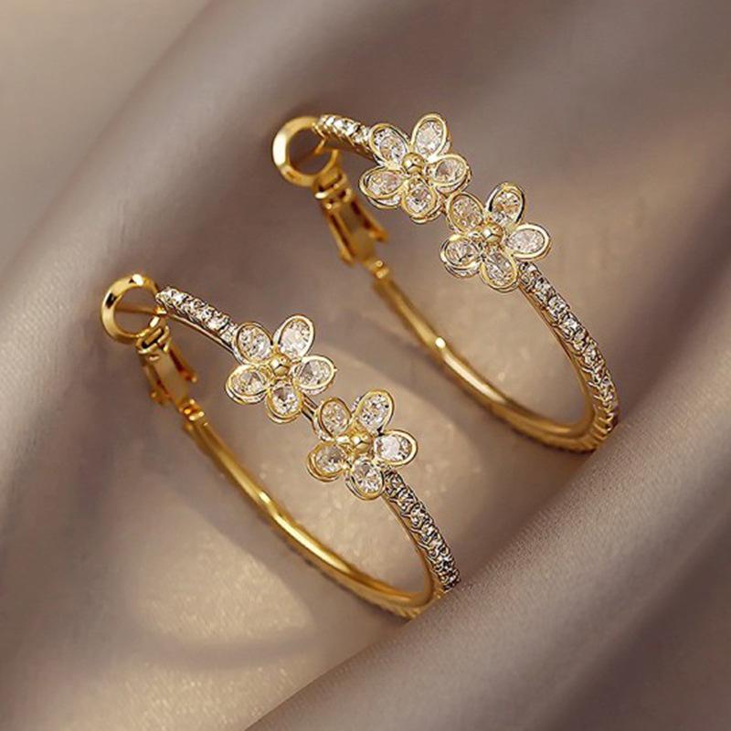 

Gold Plated Silver Earrings with Inlaid Diamond Flower Design - Fresh Cool Style Hoops