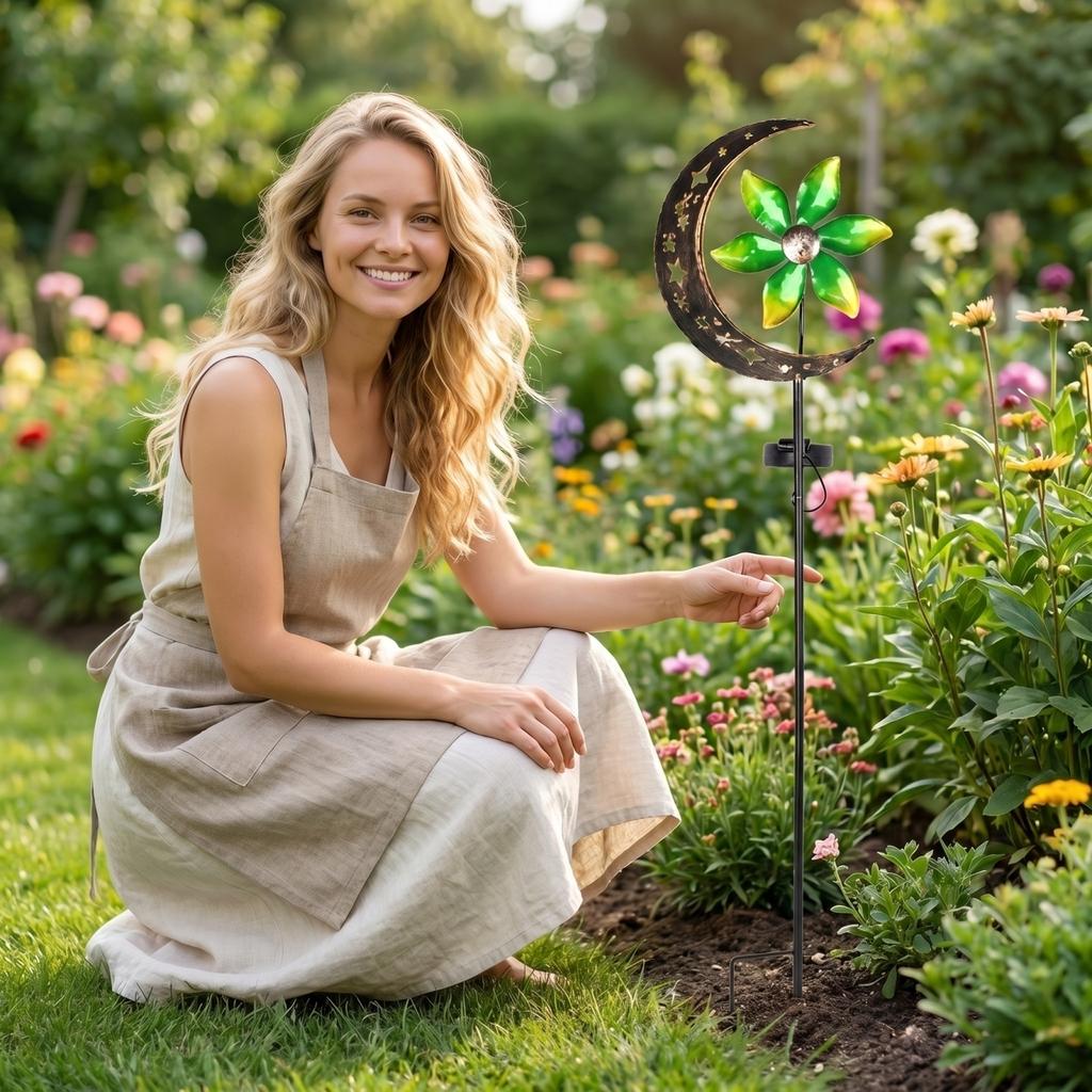 Solar Powered Moon and Pinwheel Garden Stake Light with Metal Construction and Decorative Cutout Design for Outdoor Yard Pathway Lawn Landscape