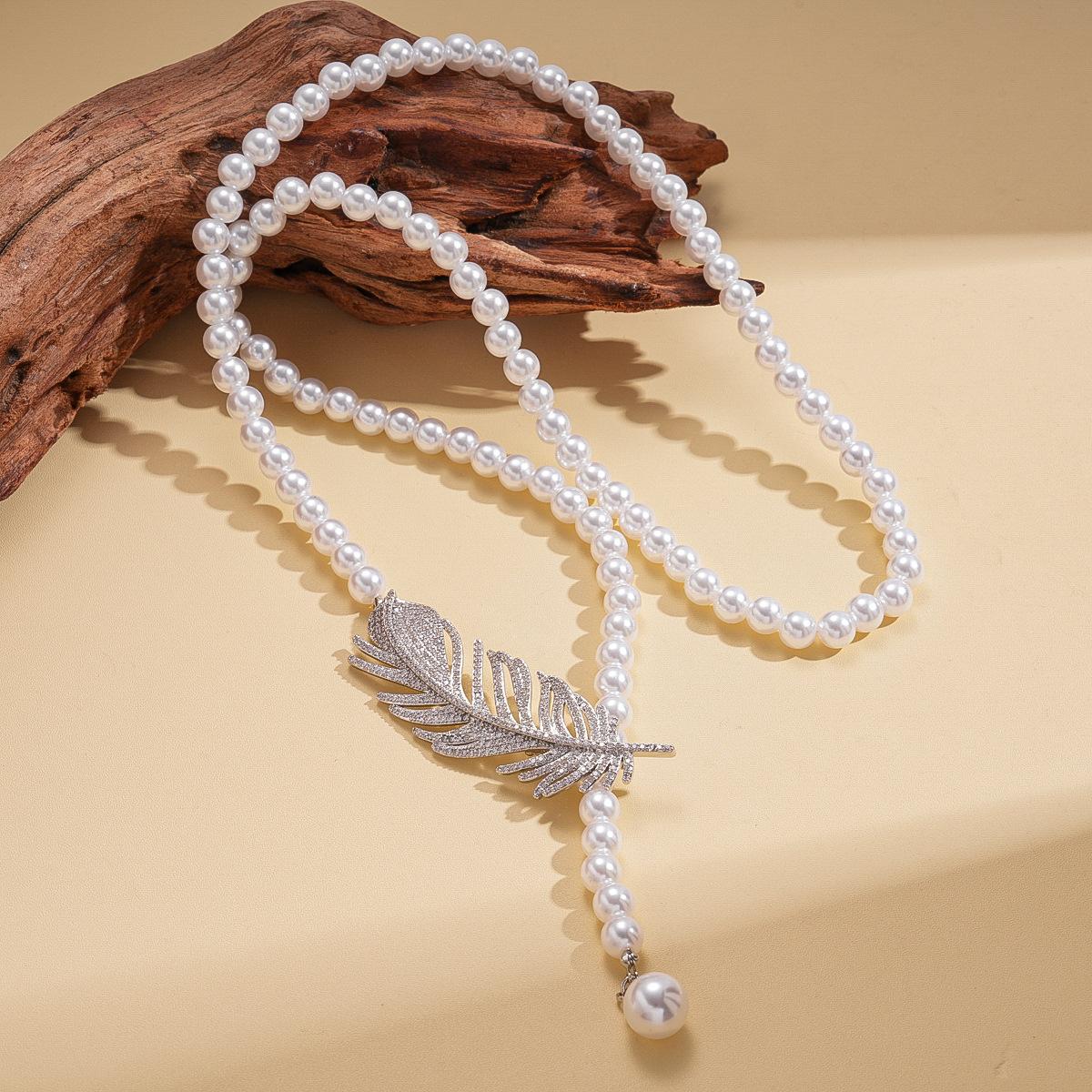 Тяжелая промышленность Цирконовое Перо Жемчуг Длинное Ожерелье-Свитер Регулируемое Нишевое Премиум Ожерелье