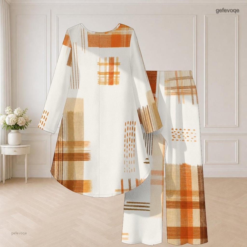 Women Plus Size Two Piece Set Round Neck Long Sleeve Plaid Printed Orange High Low Top Wide Leg Pants