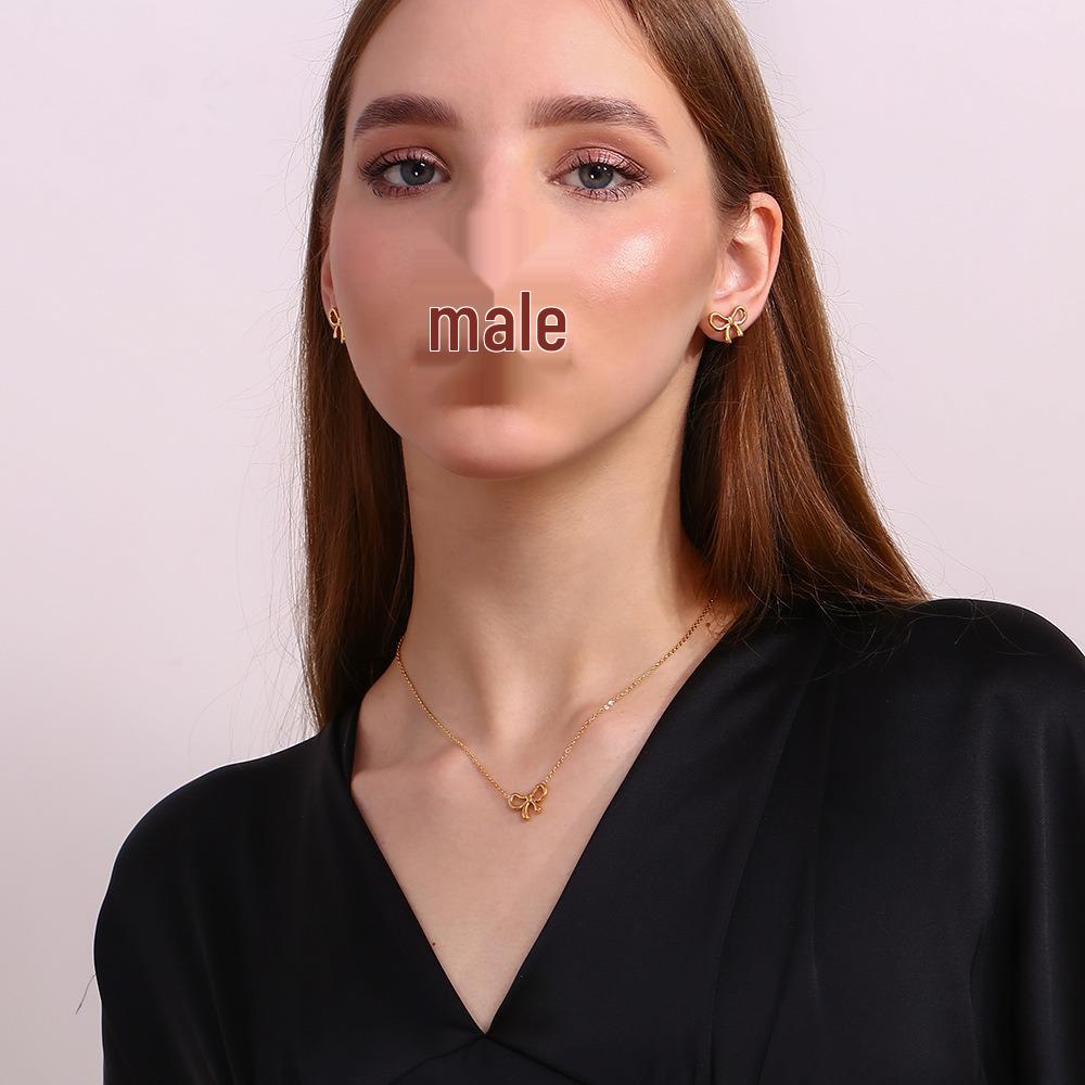 European-American Fashion: 18K Gold-Plated Stainless Steel Bow Necklace & Cute Stud Earrings for Women
