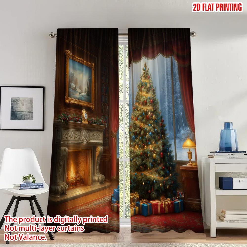 

Set Of 2 Flat Printing Merry Christmas Curtains Cozy Tree Fireplace Digital Printed Polyester Drapes Spring Use Curtain Made W100*H70(CM)-Rod Pocket&1PCS