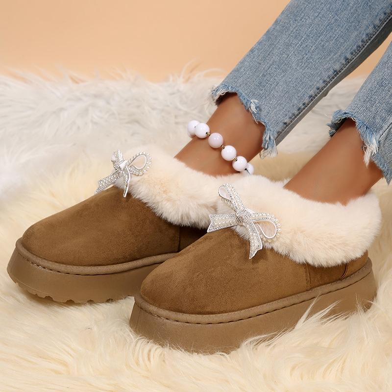 Crystal Bowknot Faux Fur Snow Boots Women Winter Warm Thicken Plush Platform Ankle Boots Woman Non Slip Thick Sole Cotton Shoes
