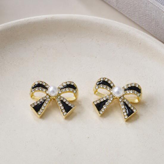 Classy Party Jewelry 1 Pair Sparkly Rhinestone Bow Knot Stud Earrings for Women, Faux Pearl Romantic Date Night Accessories Ribbon Earrings, Statement
