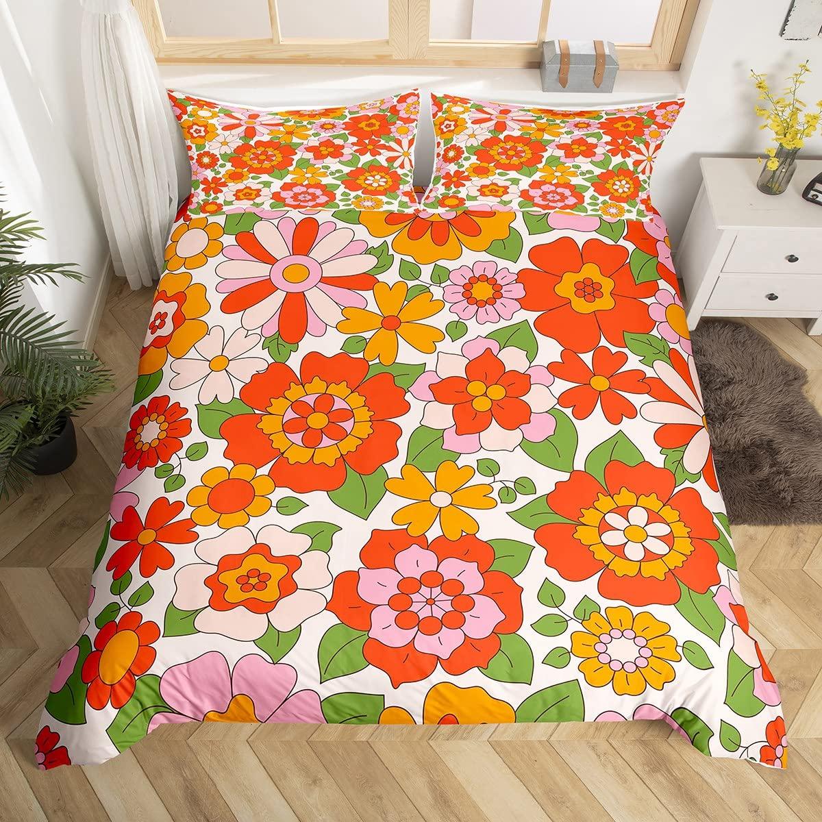 

Vintage Groovy Flower Duvet Cover Cute Rainbow Butterfly Bedding Set Retro Floral Boho Pink Comforter Cover with 2 Pillow Case EU Single(135x200cm)