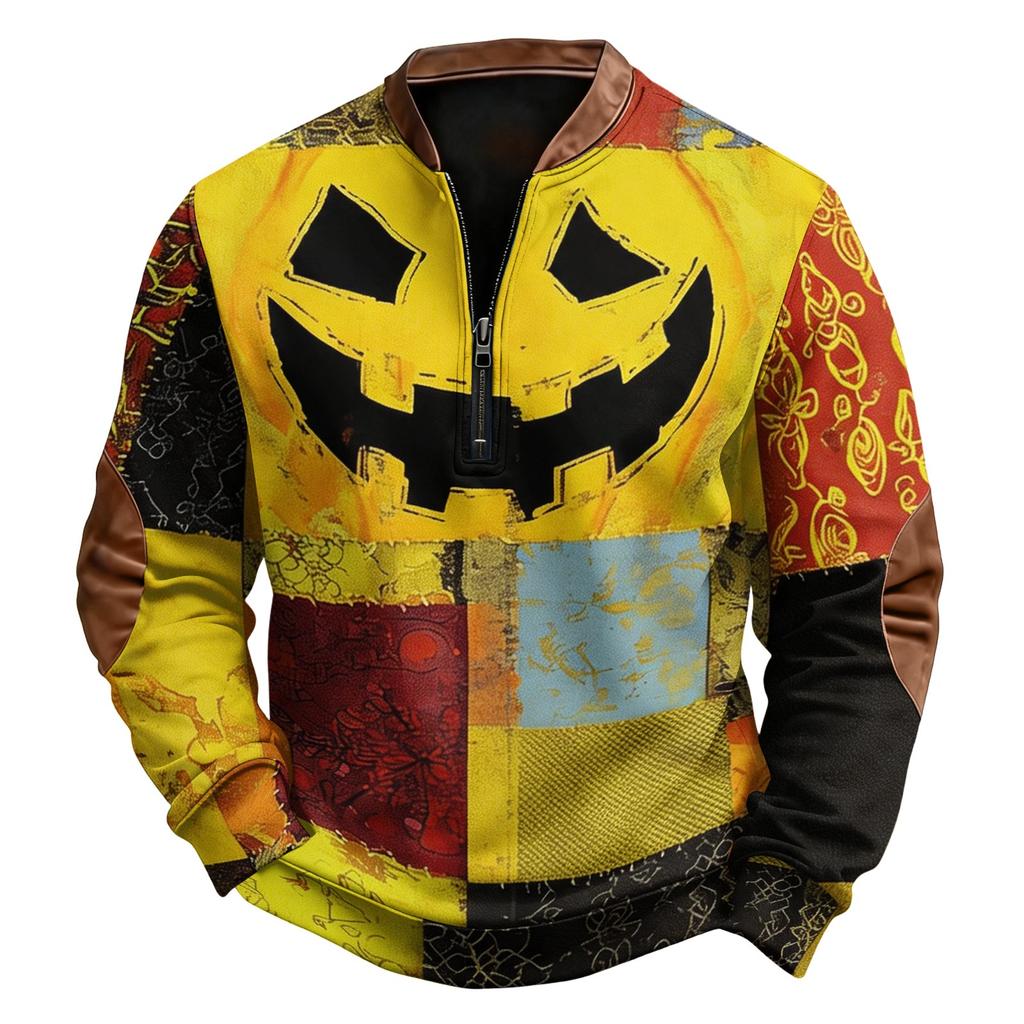 Men's Casual Retro Half Zip Long Sleeve Sweatshirt with Halloween Print
