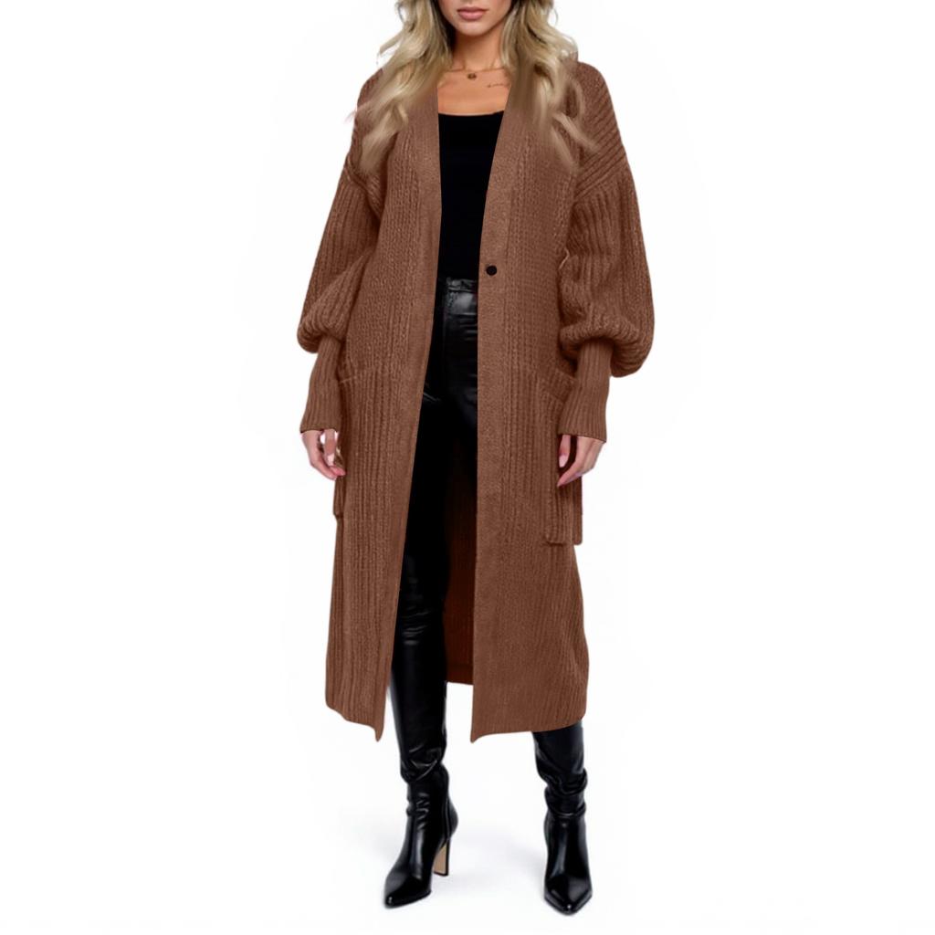 Women's Casual Loose  Sleeve Pocket Mid-Length Knitted Sweater Jacket