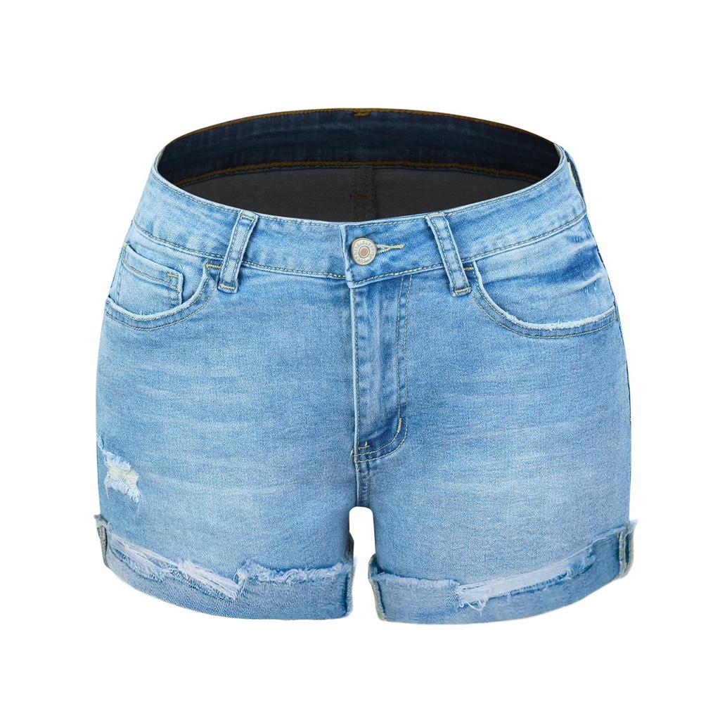 2023 Women's High Elastic Mid-Waist Ripped Denim Shorts