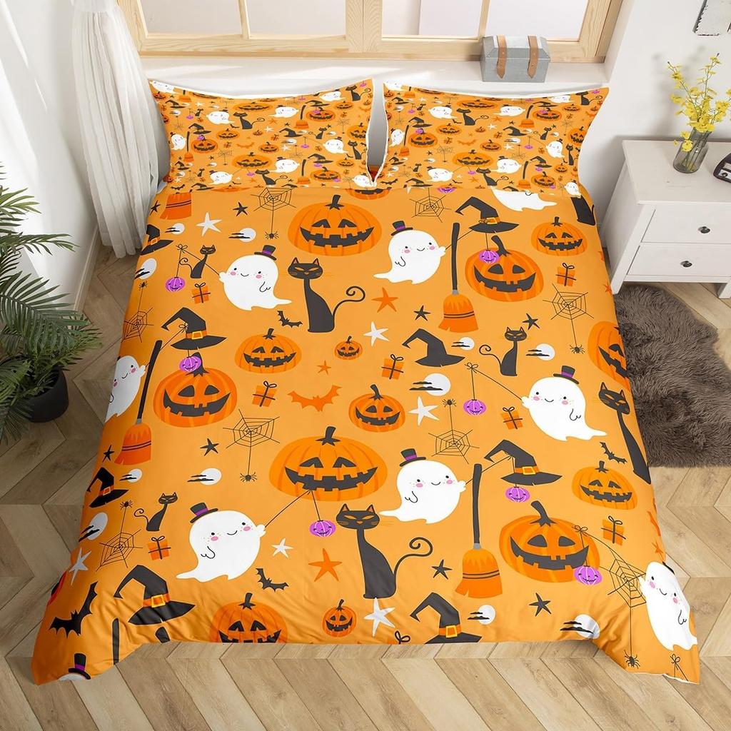 Halloween Ghost Duvet Cover Kawaii Cartoon Ghost Bedding Set Twin Queen For Boys Girl Room Decor Happy Halloween Comforter Cover