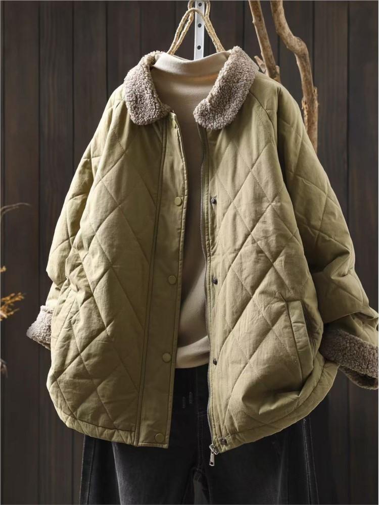 

Vintage Patchwork Womens Autumn Coat Soft Warm Long Sleeve Casual Coat Solid Color Button Zipper Jacket L світлого кольору хакі