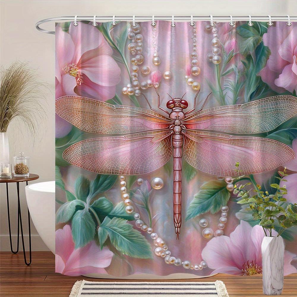 

1Pc Pink & Green Dragonfly Curtain, Translucent Dragonfly On Pearls, Blooming Flowers, Soft Pastel, Elegant Ambiance W60H190(CM)-1 Pcs