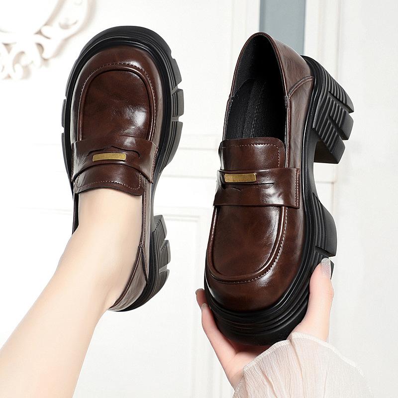 

Модная Удобная Кожаная Обувь на Толстой Подошве Весна Осень Новая Обувь Женская с Круглым Носком Универсальная В Британском Стиле Лоферы на Толстом Каблуке 35