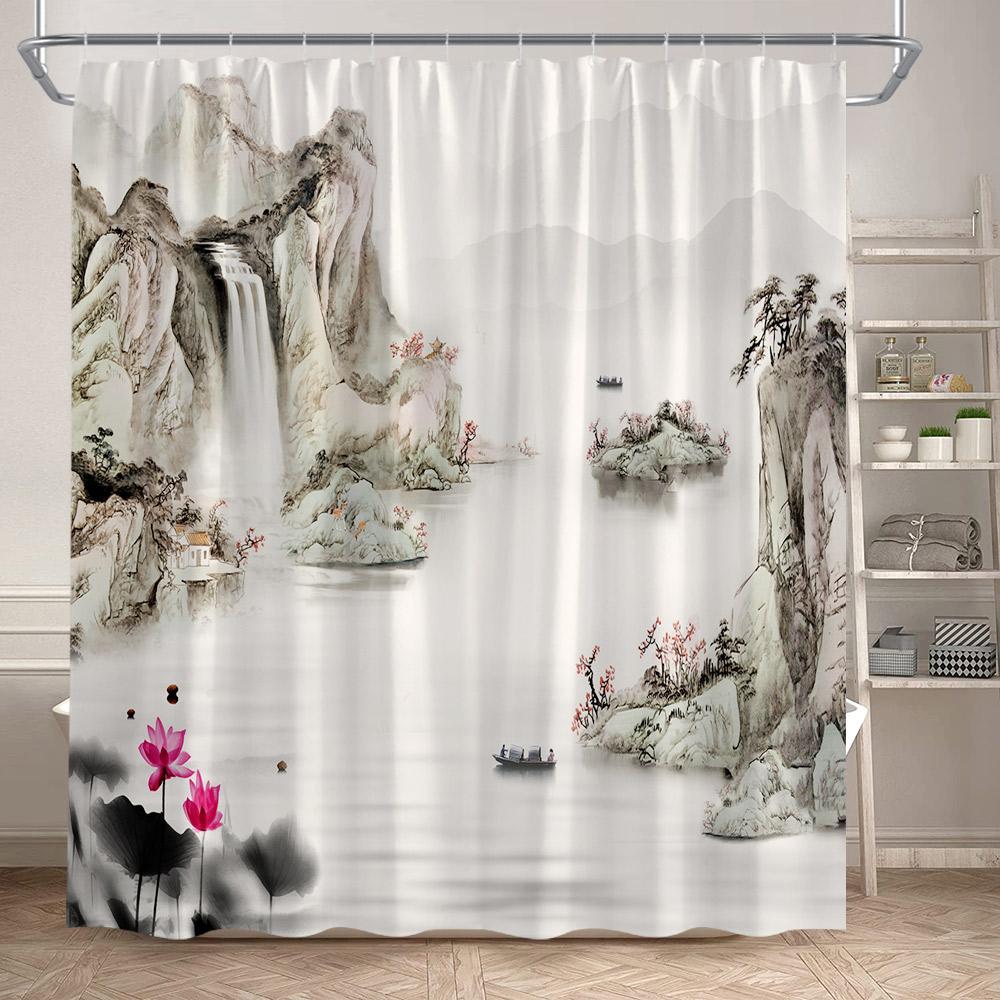 Ink Landscape Shower Curtain Black Bamboo Bird Abstract Mountain Water Chinese Style Bath Curtain Waterproof Home Bathroom Decor