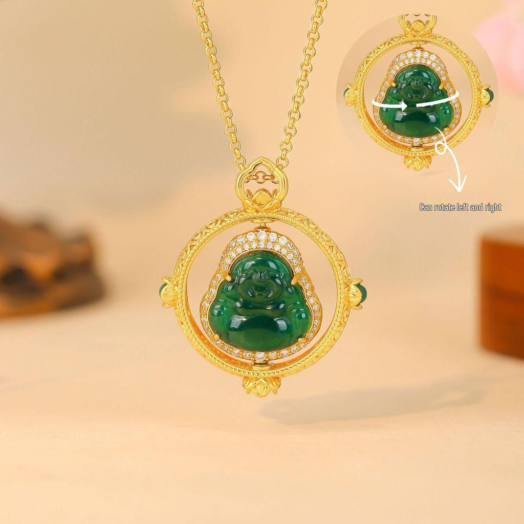 Chinese Style Gold-Plated Jade Maitreya Buddha Pendant Necklace with Rotatable Clavicle Chain