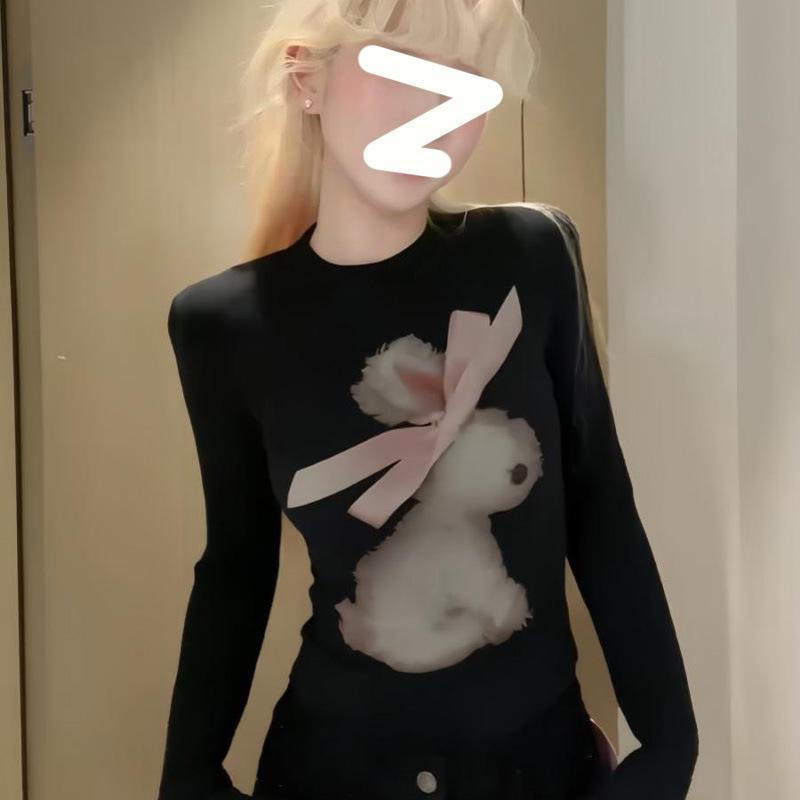 

Ретро-топ с принтом Белого Кролика, облегающий, эластичный, для весны и осени XL (recommended for 115-125 jin) чёрный