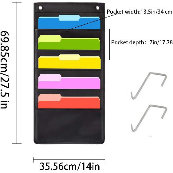 Hanging Wall File Organizer, 5 Pocket, Black Wall Storage Pocket Charts with 2 Hangers, Oxford Cloth Storage Pocket, Over The Door File Organizer,
