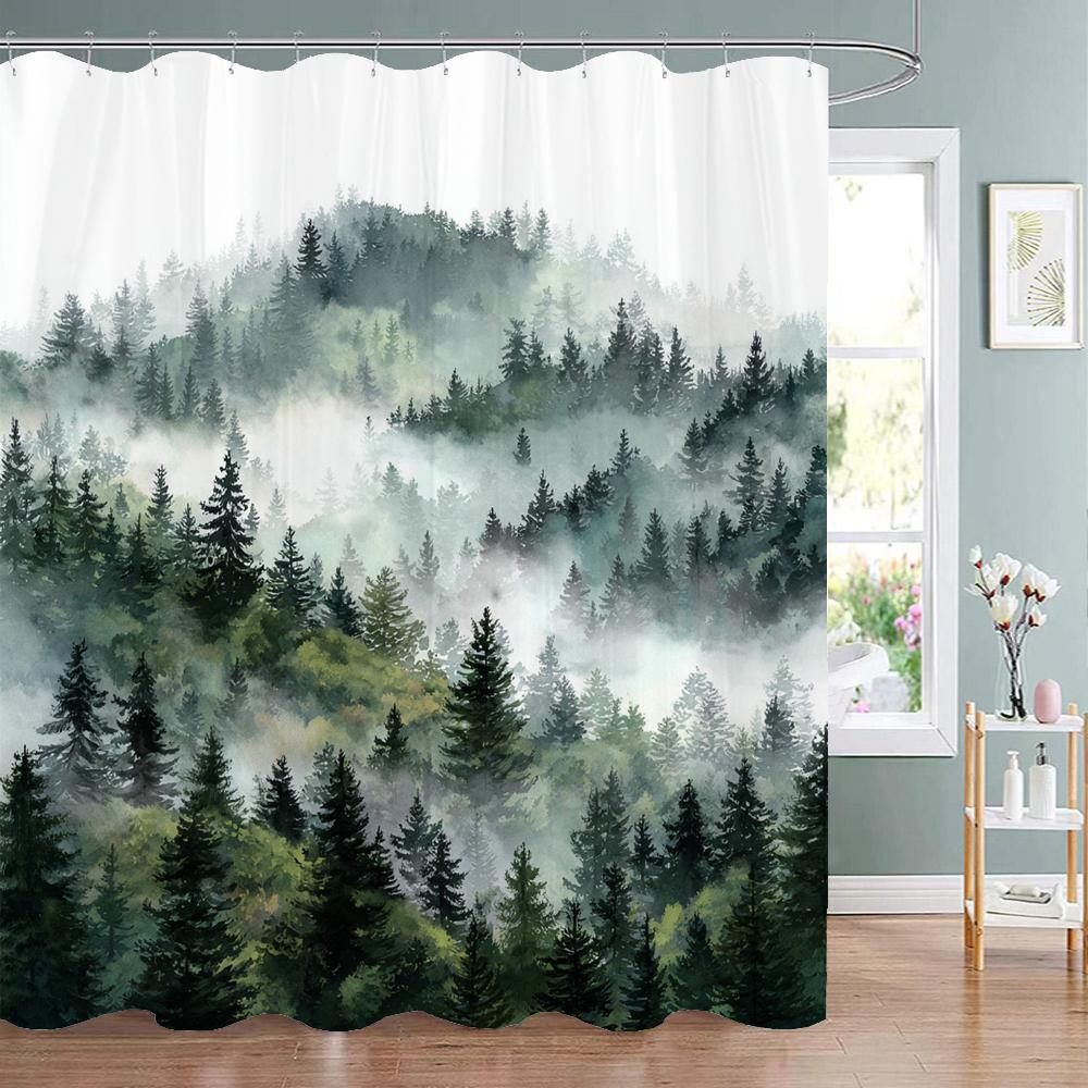 Misty Forest Scenery Shower Curtain, Bathtub Bathroom Decorative Shower Curtain, Waterproof Shower Curtain With Hooks