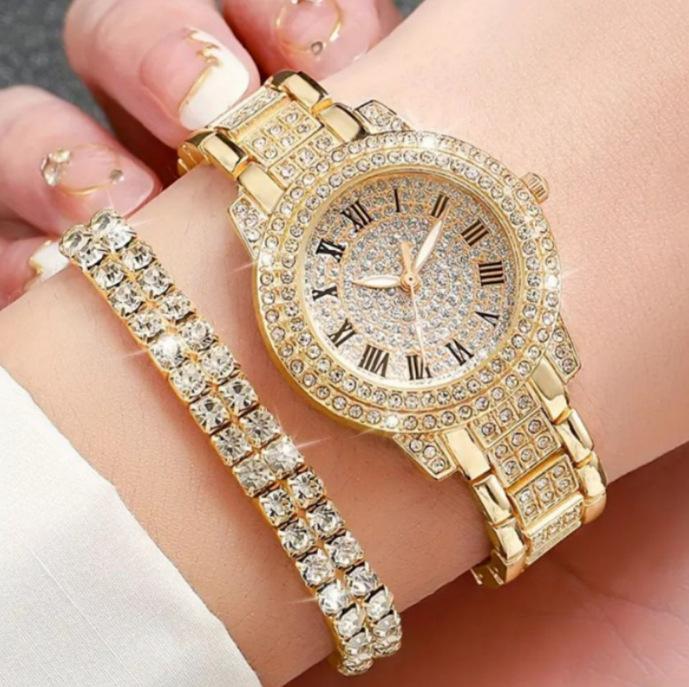 Trendy Roman Numerals Luxury Diamond-Encrusted Cuban Bracelet With Women'S Watch, Fashionable Hip-Hop Steel Watch