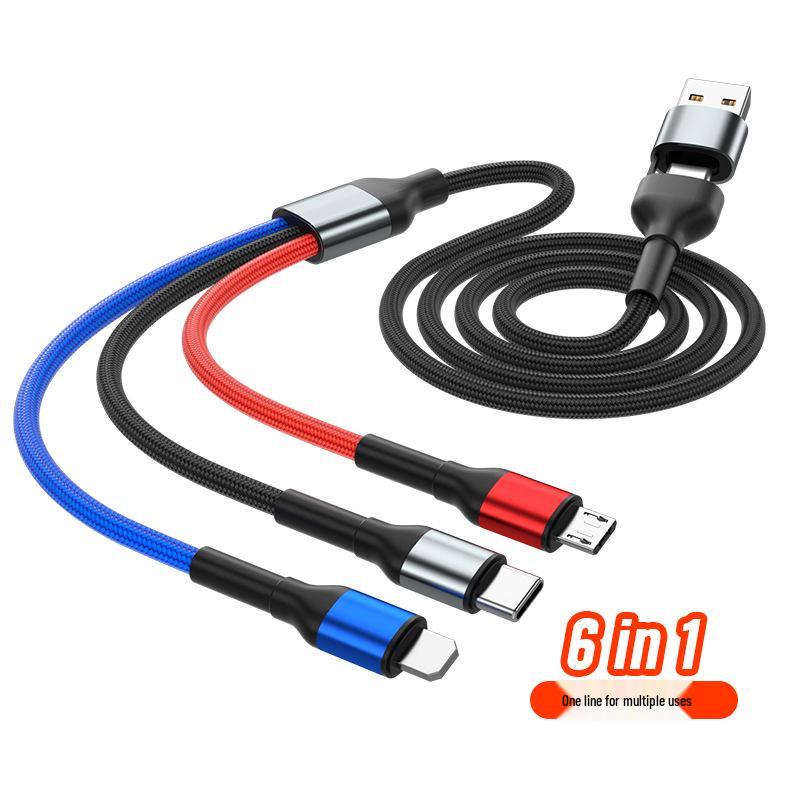 

6-in-1 Fast Charging Cable for iPhone, Android, and Type-C Devices: One-Drag Three-in-One Solution