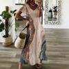 Women Plus Size V Neck Short Sleeve Abstract Printed Black White Khaki Straight Maxi Dress
