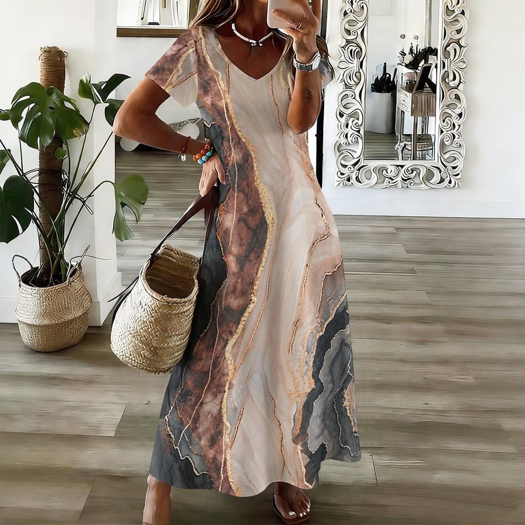 Women Plus Size V Neck Short Sleeve Abstract Printed Black White Khaki Straight Maxi Dress