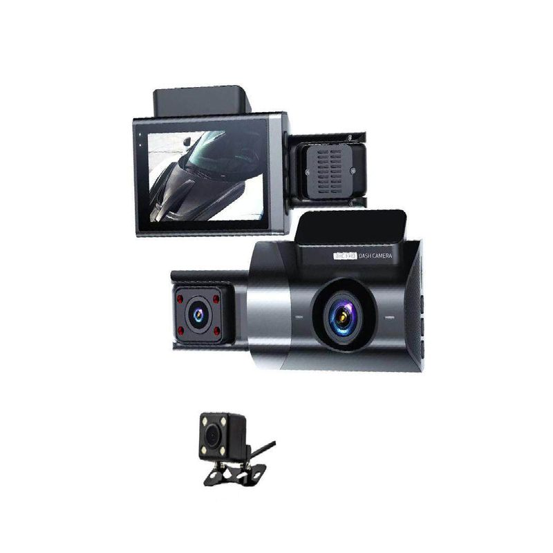 High-Definition 18P Three-Camera Dashcam with Multi-Lens Panoramic Parking Monitoring, App Connectivity, In-Car Device, Tf Card, USB