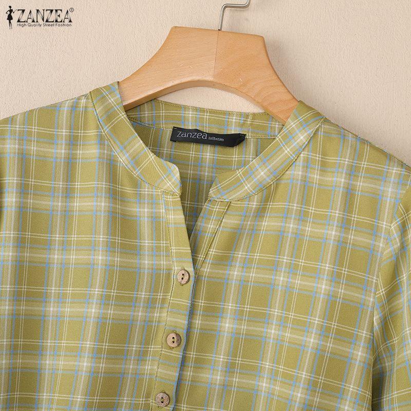 ZANZEA Women Casual Round Neck 3/4 Sleeve Loose Grid Print Blouse