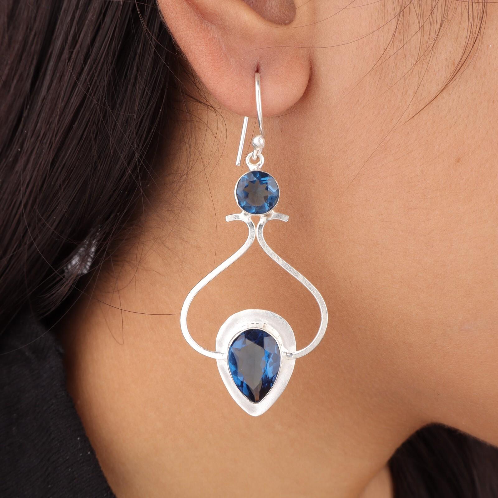 

Натуральный лондонский голубой топаз, драгоценный камень, серебро 925 пробы, серьги ручной работы 2,07 EE-170-11