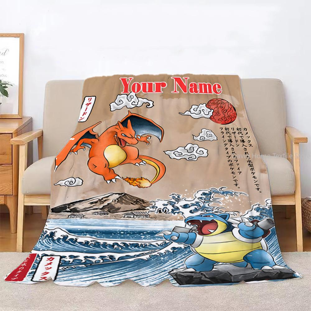 Customized Name Personalized Blanket Pokemon Charizard Flannel Blanket Home Sofa Lunch Break Blankets Children Student Kids Gift