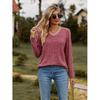GMXIA Autumn Women's V-neck Wool Pit Strip Solid Color Top Long Sleeve T-shirt