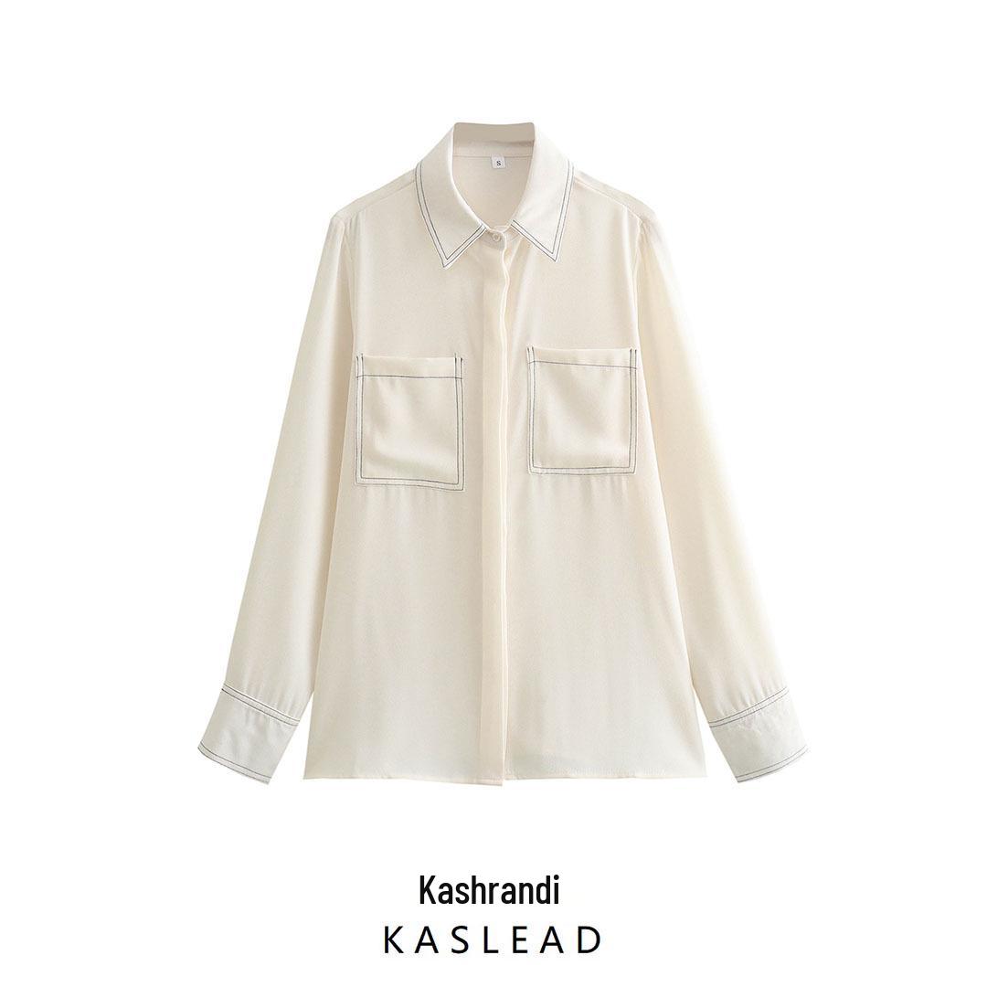 

2025 Spring European & American Style Women s Color Block Topstitched Shirt XS брудно-білий