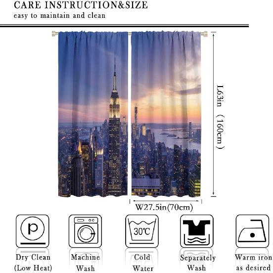 Modern Curtains, New York City Skyline with A Skyscrapers At The Night with Sunset American Urban Li for Living Rooms and Bedrooms Drapes 2 Panels