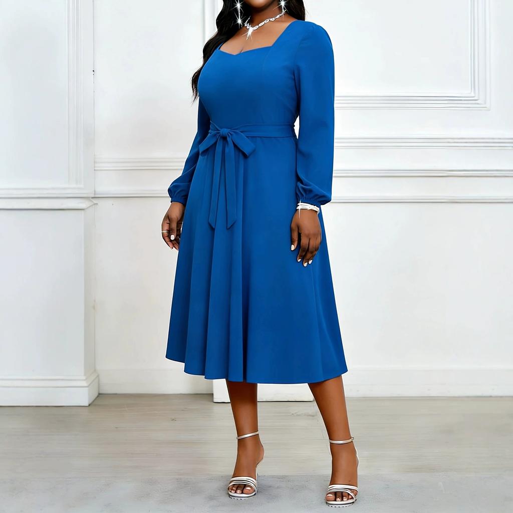 European and American large-size autumn new temperament elegant square collar solid color medium and long dress