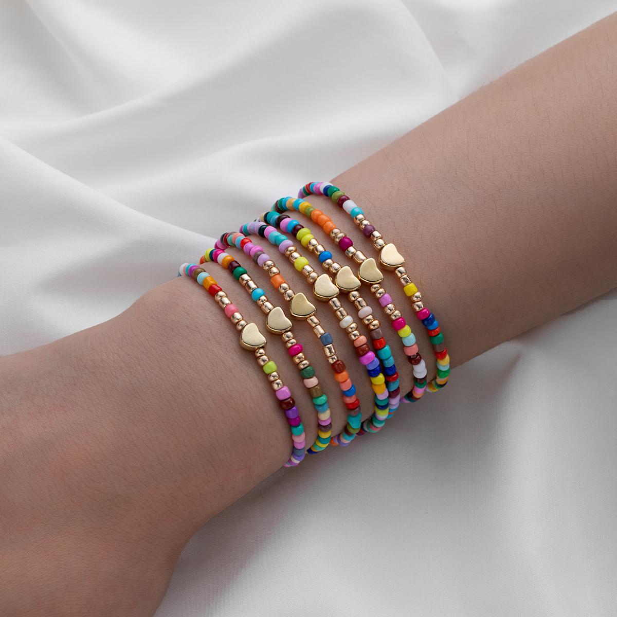 

7-piece set of vintage colored rice beads mixed with love multi-layer layered women s bracelet