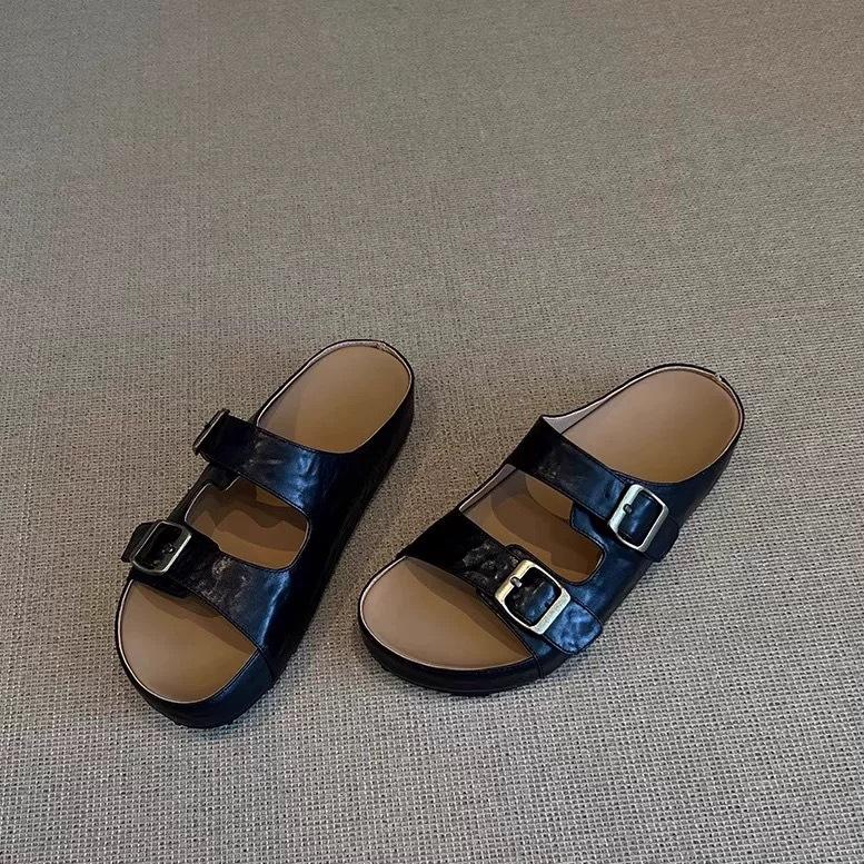 Cowhide version~ retro niche casual belt buckle one-word slippers for women's outer wear 2025 summer thick-bottomed Birkenstock sandals
