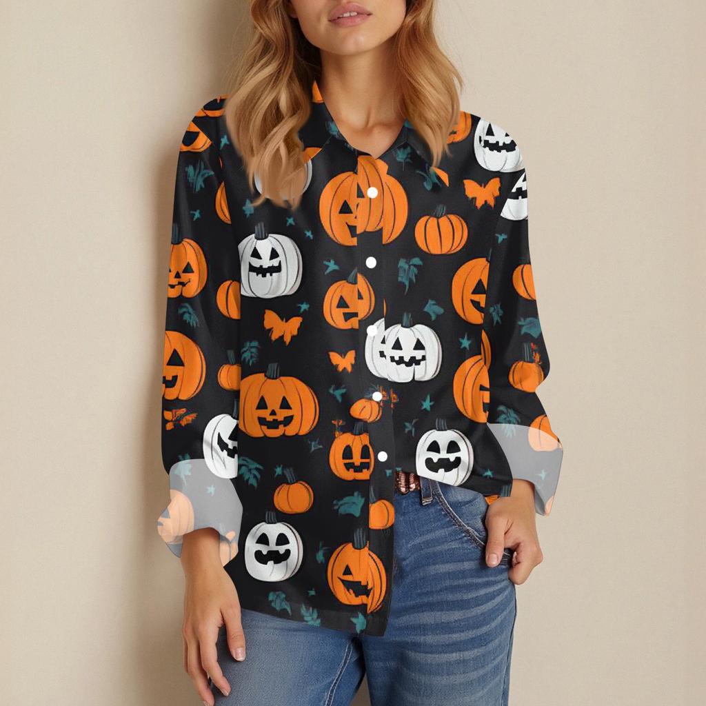 Damen Hemd Bluse Halloween Print Knopf Langarm Lässig Basic Hemdkragen Regulär Top