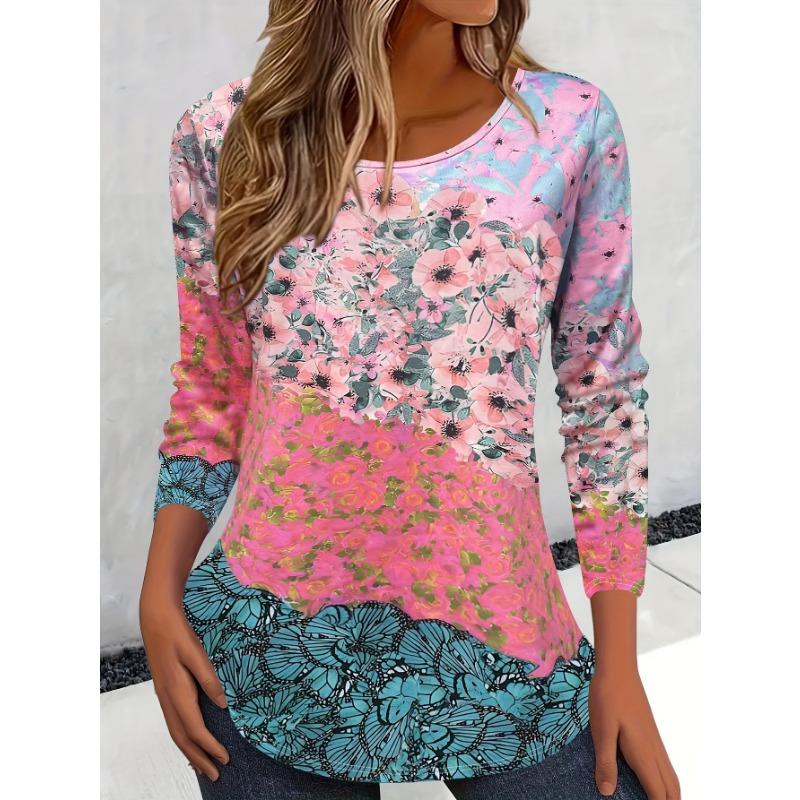 Fashion Floral 3D Print Crew Neck Long Sleeve T-Shirt Fashion Pattern Women Clothing Casual Y2k Clothes Harajuku Female Clothing Tops
