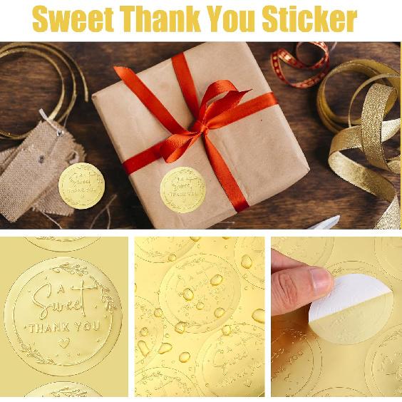180Pcs Gold Foil Sweet Thank You Stickers, Embossed Round Gold Matte Labels Personalized Embossed Thanks Seal Sticker Metallic Label Wedding Thank
