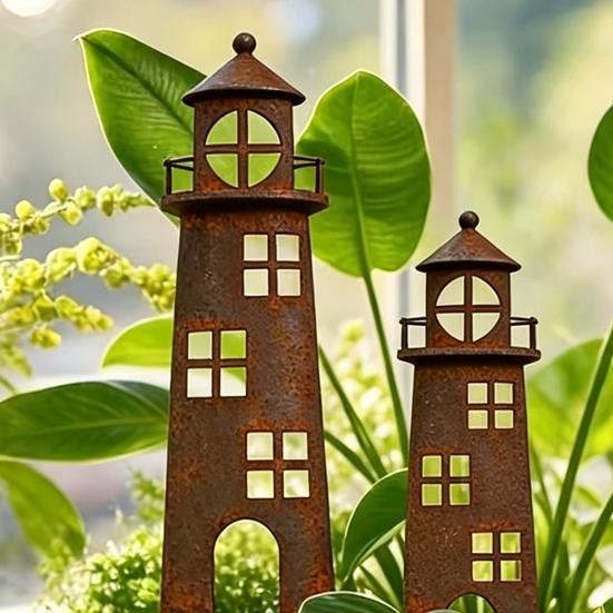2Pcs Rusty Lighthouse Garden Stakes Metal Flat Lighthouse Yard Art Stakes Coastal Outdoor Decoration for Backyard Lawn Flower Bed