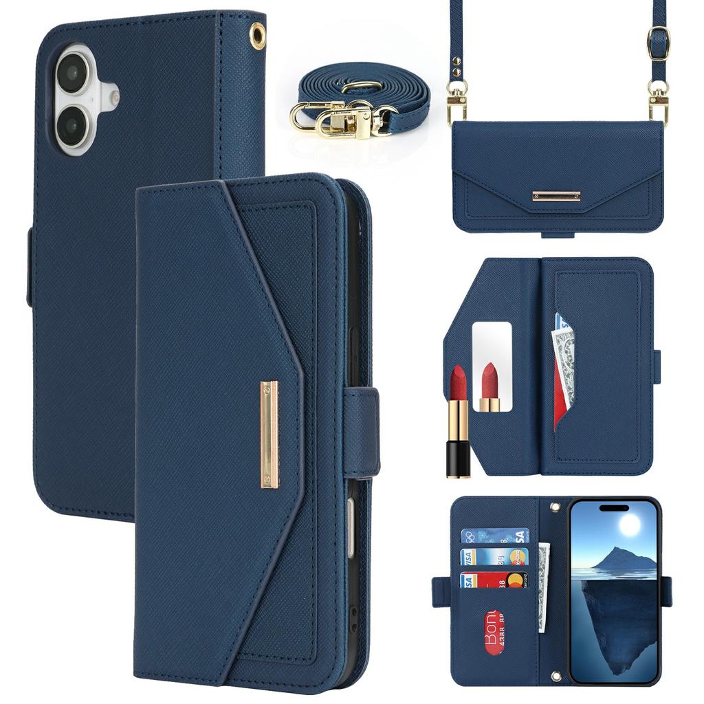 For iPhone 16 Stand Case Cross Texture PU Leather Wallet Phone Cover with Shoulder Strap/Makeup Mirror